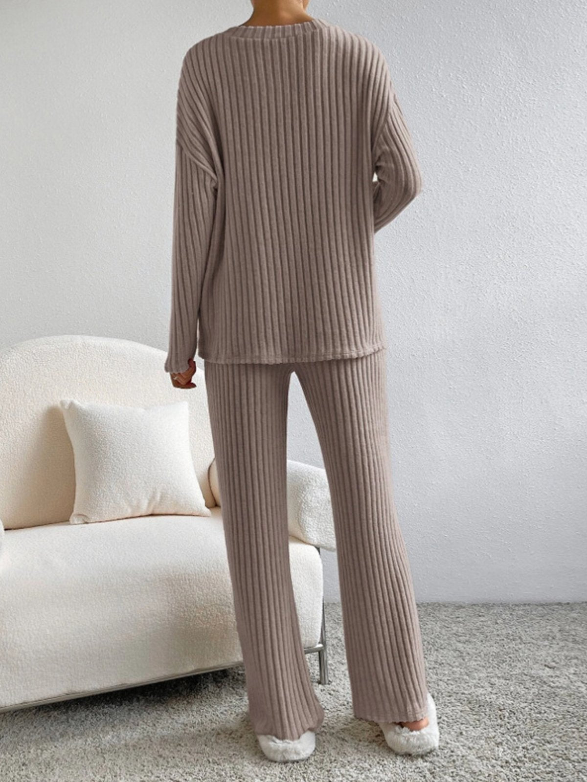 V Neck Ribbed Design Comfy Loose Straight-leg Trousers Two-Piece Set 