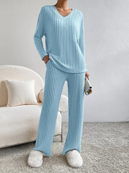 V Neck Ribbed Design Comfy Loose Straight-leg Trousers Two-Piece Set 