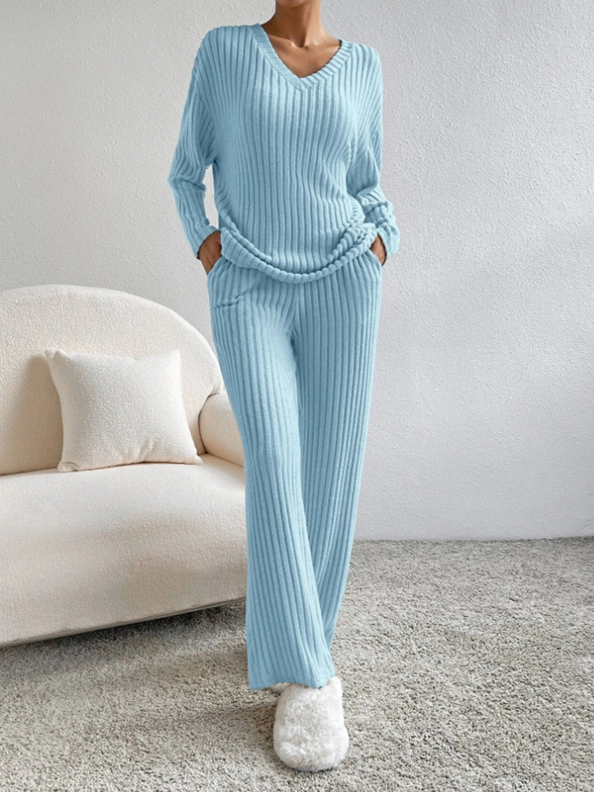 V Neck Ribbed Design Comfy Loose Straight-leg Trousers Two-Piece Set 