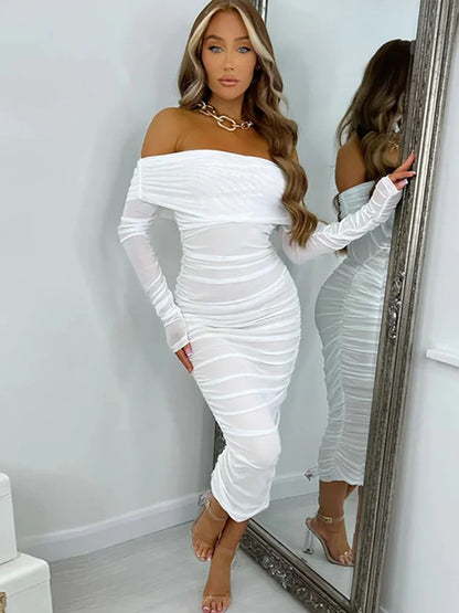 Dulcinea | Off-the-shoulder mesh midi dress