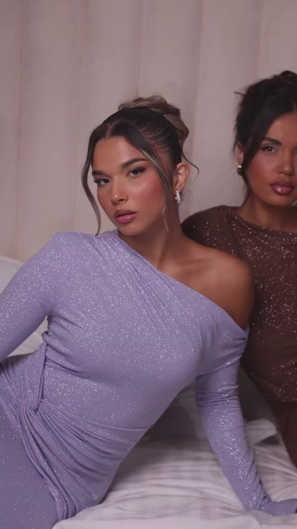 Dulcinea | Glitter maxi dress with one-shoulder and open back