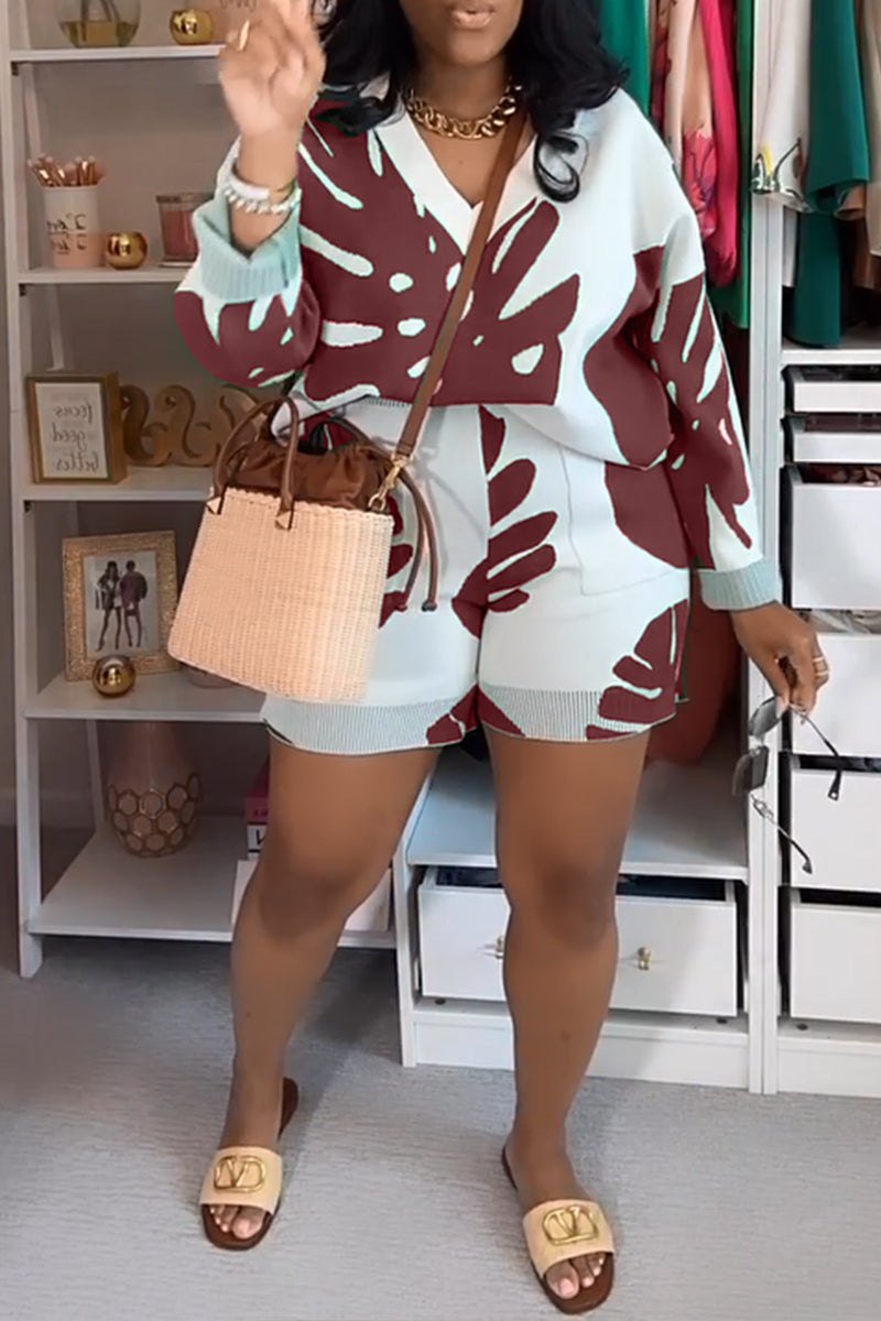 Casuola™ - Floral Print V-Neck Long Sleeve Two Piece