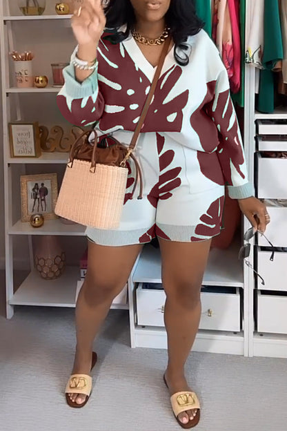 Casuola™ - Floral Print V-Neck Long Sleeve Two Piece