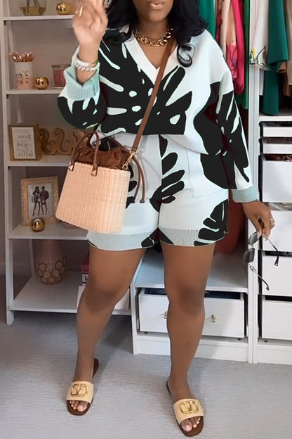 Casuola™ - Floral Print V-Neck Long Sleeve Two Piece