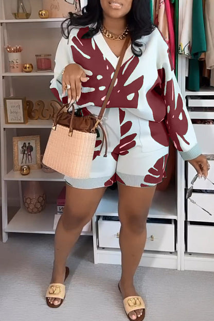 Casuola™ - Floral Print V-Neck Long Sleeve Two Piece