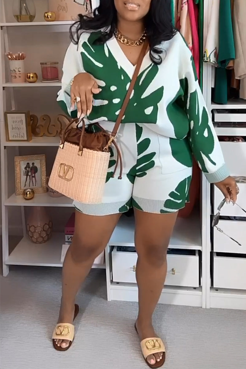 Casuola™ - Floral Print V-Neck Long Sleeve Two Piece