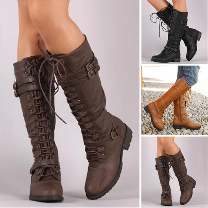 Natalia™ - The new flat sexy steampunk retro buckle lace-up boots 