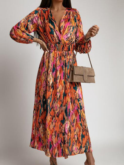 Satino™ - Casual midi A-line dress with natural print and high waist