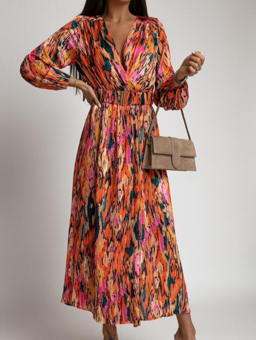 Satino™ - Casual midi A-line dress with natural print and high waist