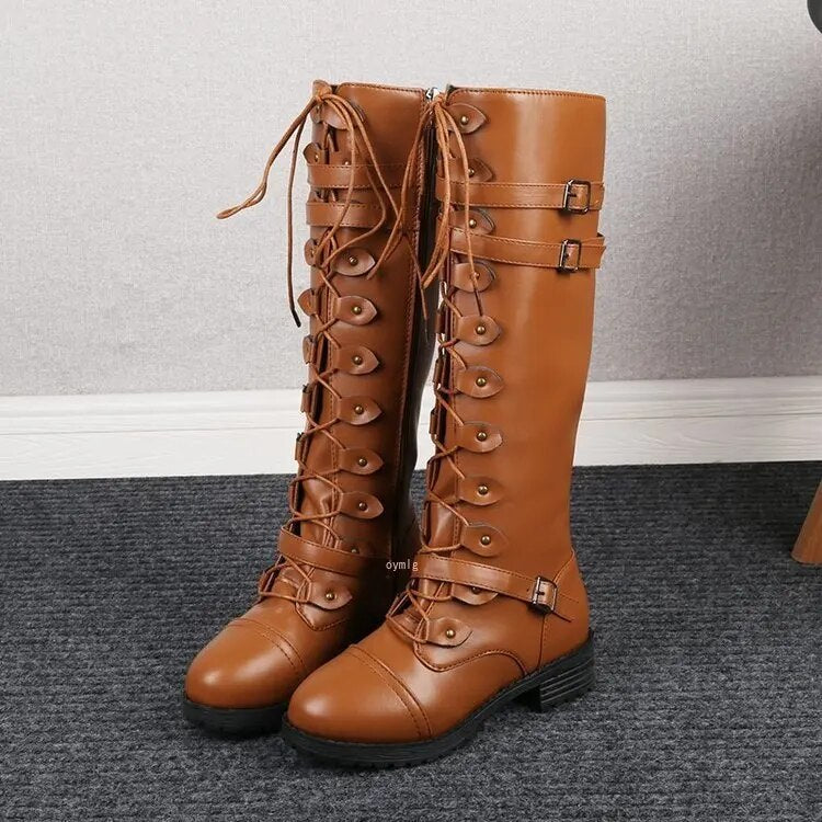 Natalia™ - The new flat sexy steampunk retro buckle lace-up boots 