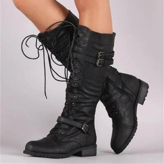 Natalia™ - The new flat sexy steampunk retro buckle lace-up boots 